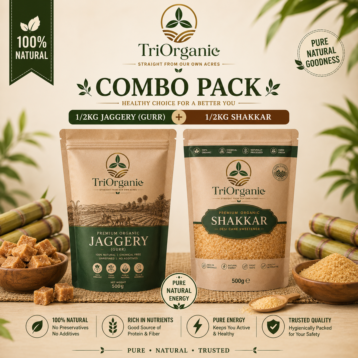 TriOrganic Pack of 2 (Desi Shakkar + Gurr)
